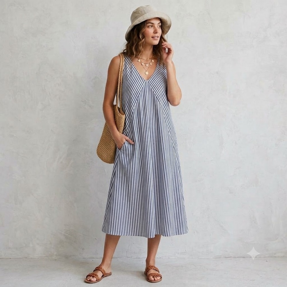 Tulip Striped Midi Dress Womens Blue White V-Neck Sleeveless Pockets L Large‎